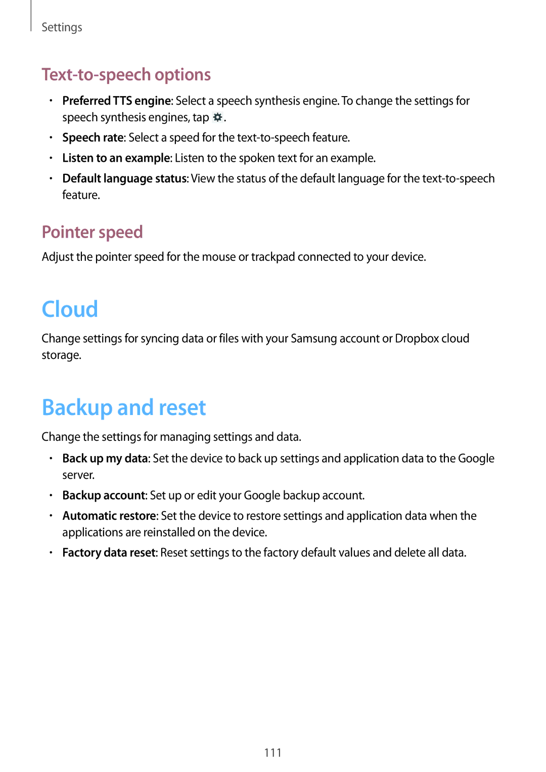 Samsung SM-T3100GRASER, SM-T3100ZWAXEO, SM-T3100MKEATO manual Backup and reset, Text-to-speech options, Pointer speed 