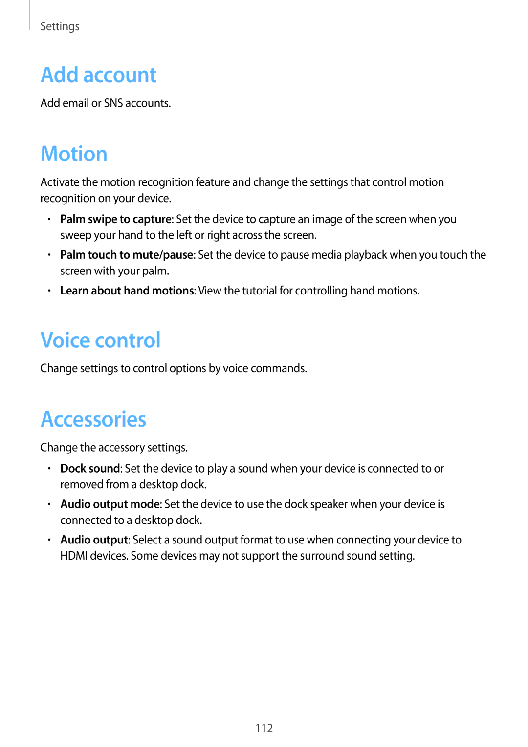 Samsung SM-T3100ZWAXEO, SM-T3100MKEATO, SM-T3100ZWATUR, SM-T3100ZWAATO manual Add account, Motion, Voice control, Accessories 