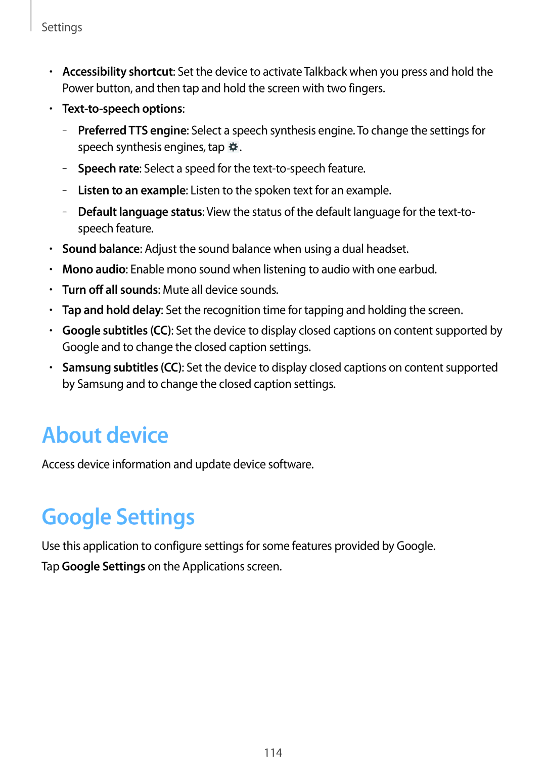 Samsung SM-T3100ZWATUR, SM-T3100ZWAXEO, SM-T3100MKEATO, SM-T3100ZWAATO, SM-T3100GNATUR manual About device, Google Settings 