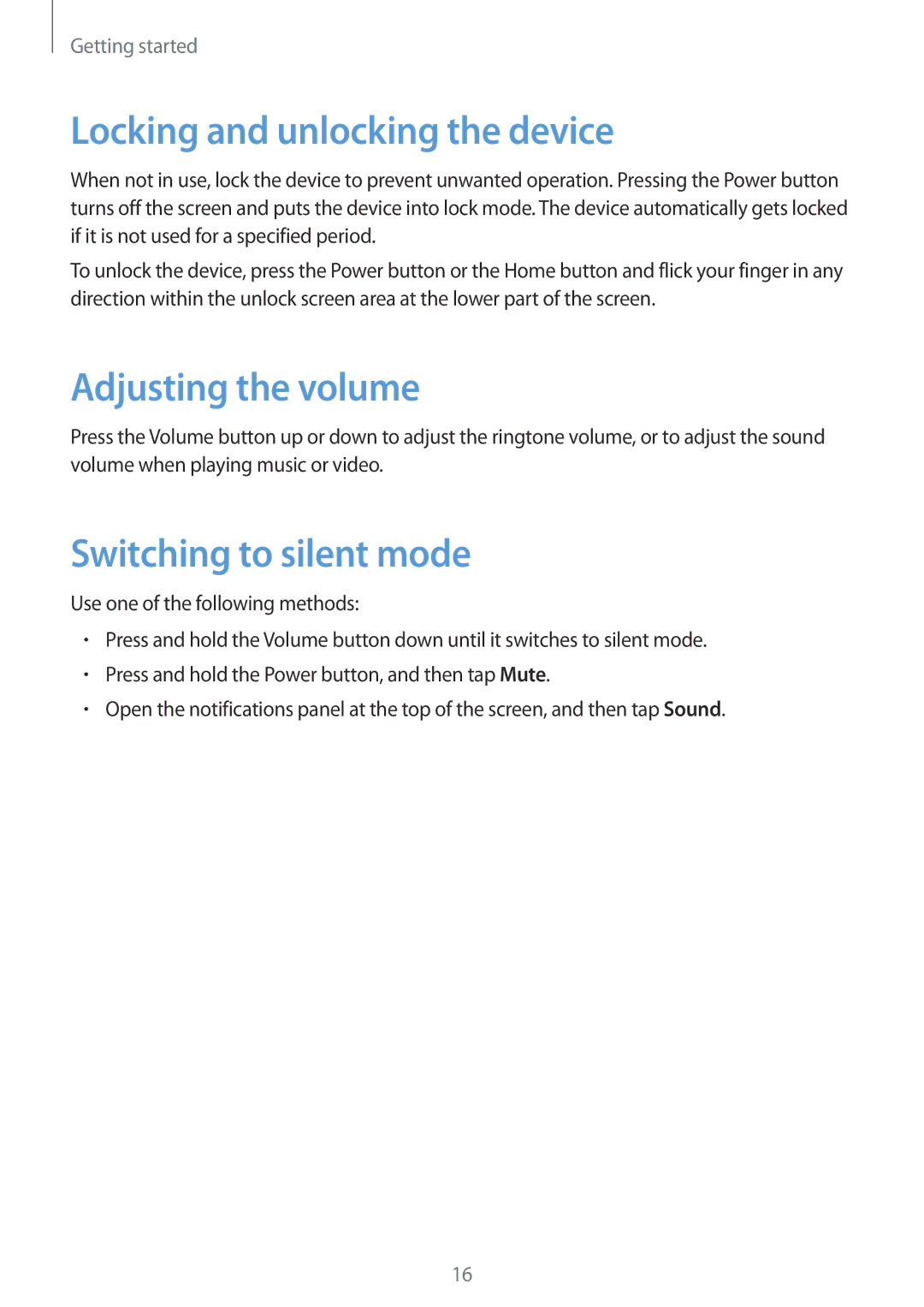 Samsung SM-T3100ZWAXEF, SM-T3100ZWAXEO Locking and unlocking the device, Adjusting the volume, Switching to silent mode 