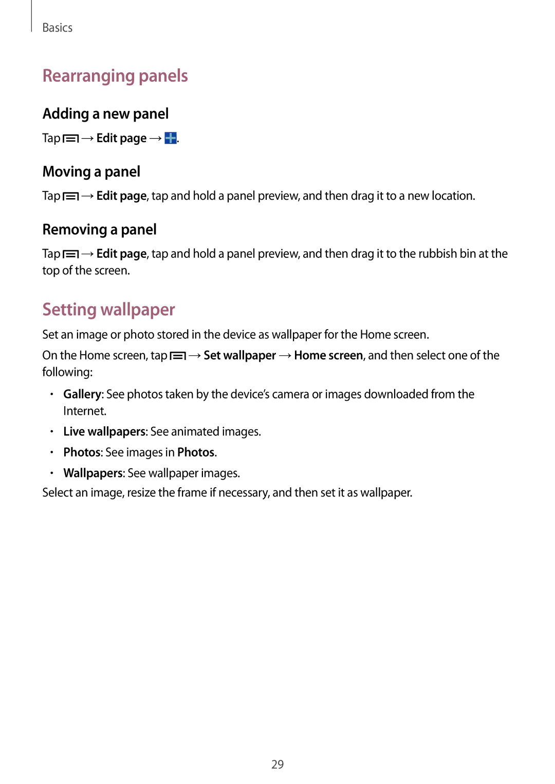 Samsung SM-T3100MKATMC manual Rearranging panels, Setting wallpaper, Adding a new panel, Moving a panel, Removing a panel 