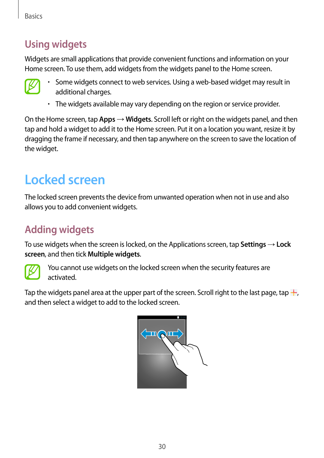 Samsung SM-T3100ZWATMC, SM-T3100ZWAXEO, SM-T3100MKEATO, SM-T3100ZWATUR manual Locked screen, Using widgets, Adding widgets 