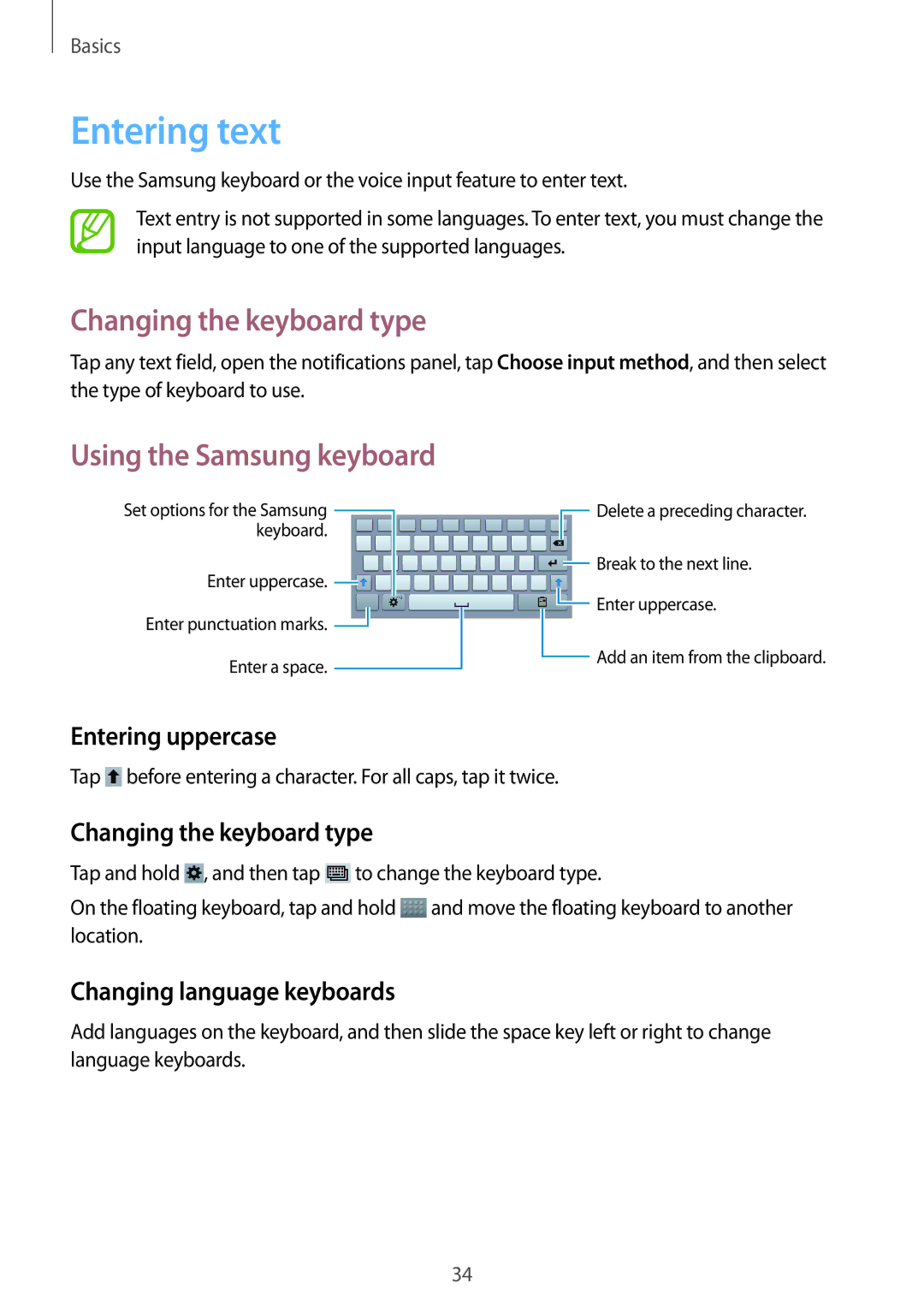 Samsung SM-T3100ZWAXEZ, SM-T3100ZWAXEO manual Entering text, Changing the keyboard type, Using the Samsung keyboard 