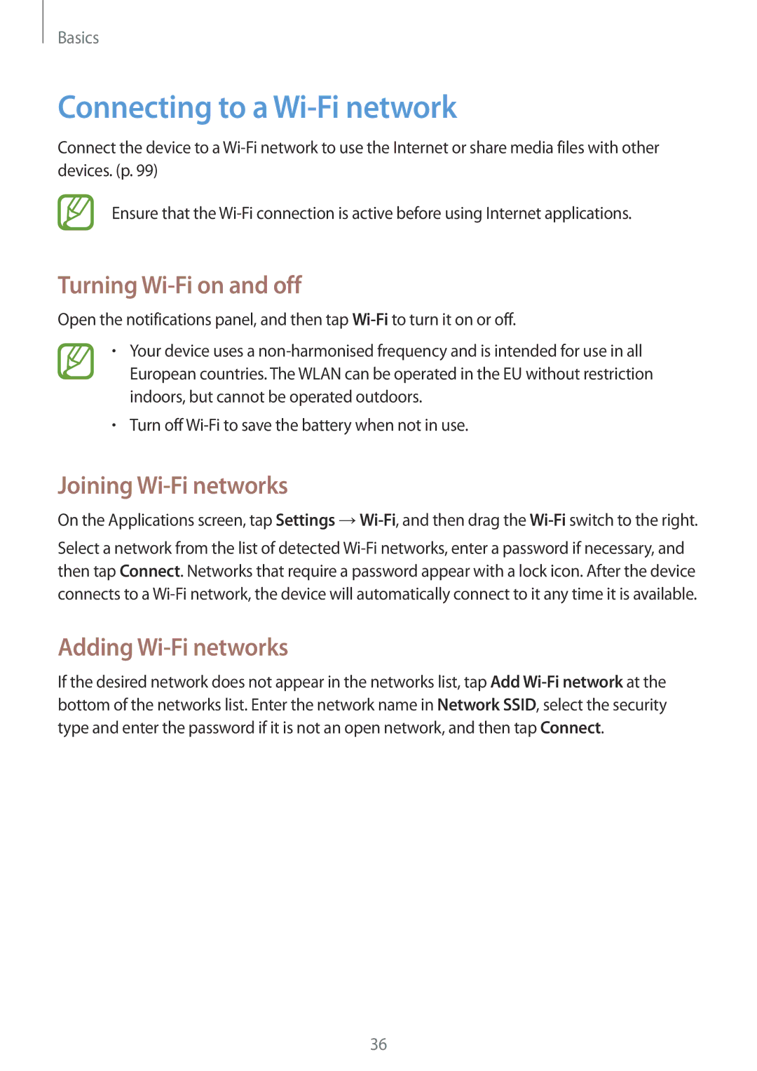 Samsung SM-T3100MKAXSK, SM-T3100ZWAXEO Connecting to a Wi-Fi network, Turning Wi-Fi on and off, Joining Wi-Fi networks 