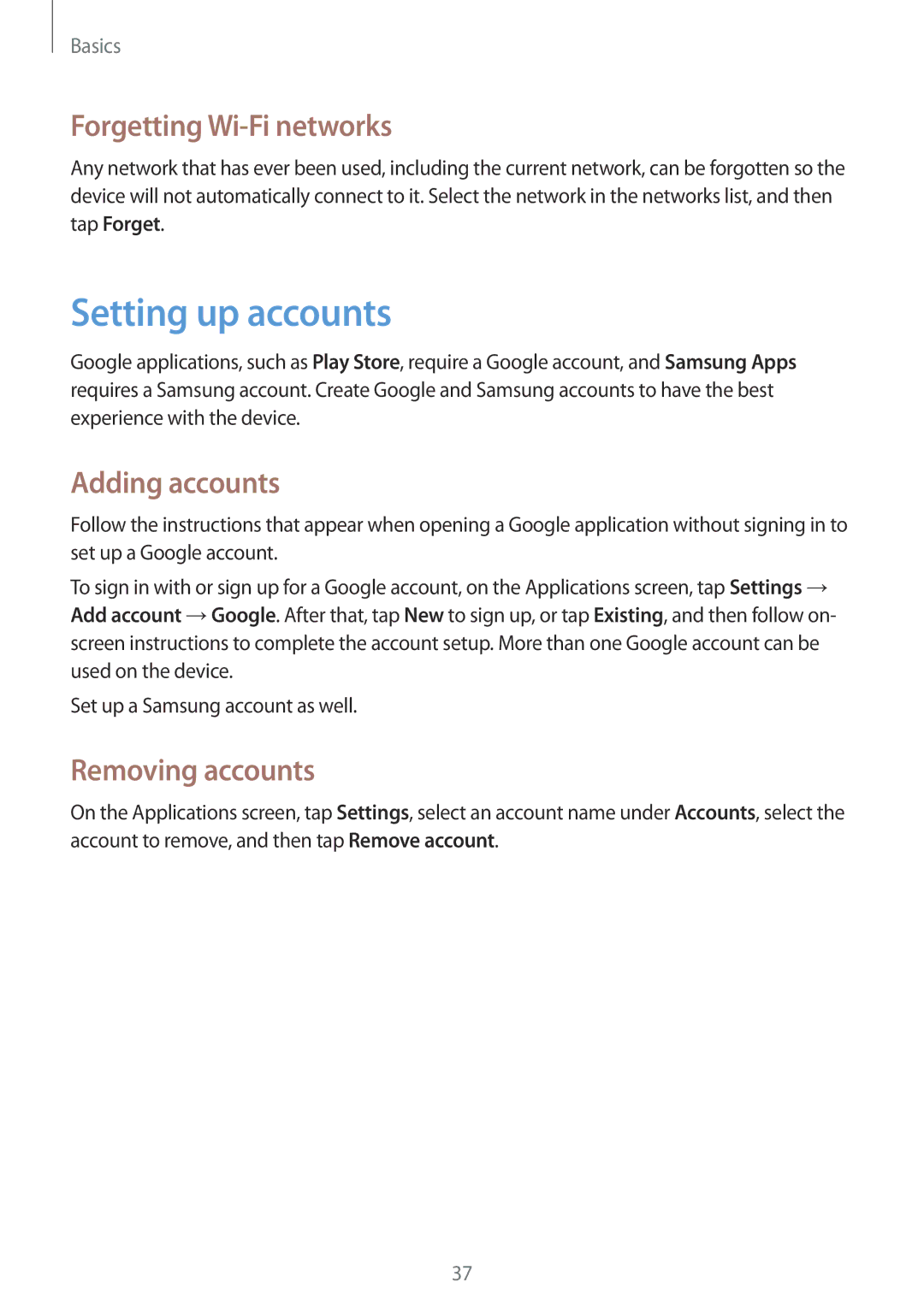 Samsung SM-T3100MKAXEO, SM-T3100ZWAXEO Setting up accounts, Forgetting Wi-Fi networks, Adding accounts, Removing accounts 