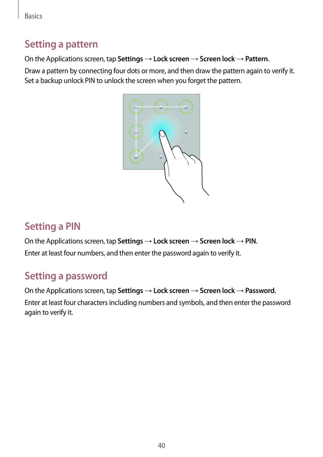 Samsung SM-T3100GNANEE, SM-T3100ZWAXEO, SM-T3100MKEATO, SM-T3100ZWATUR Setting a pattern, Setting a PIN, Setting a password 