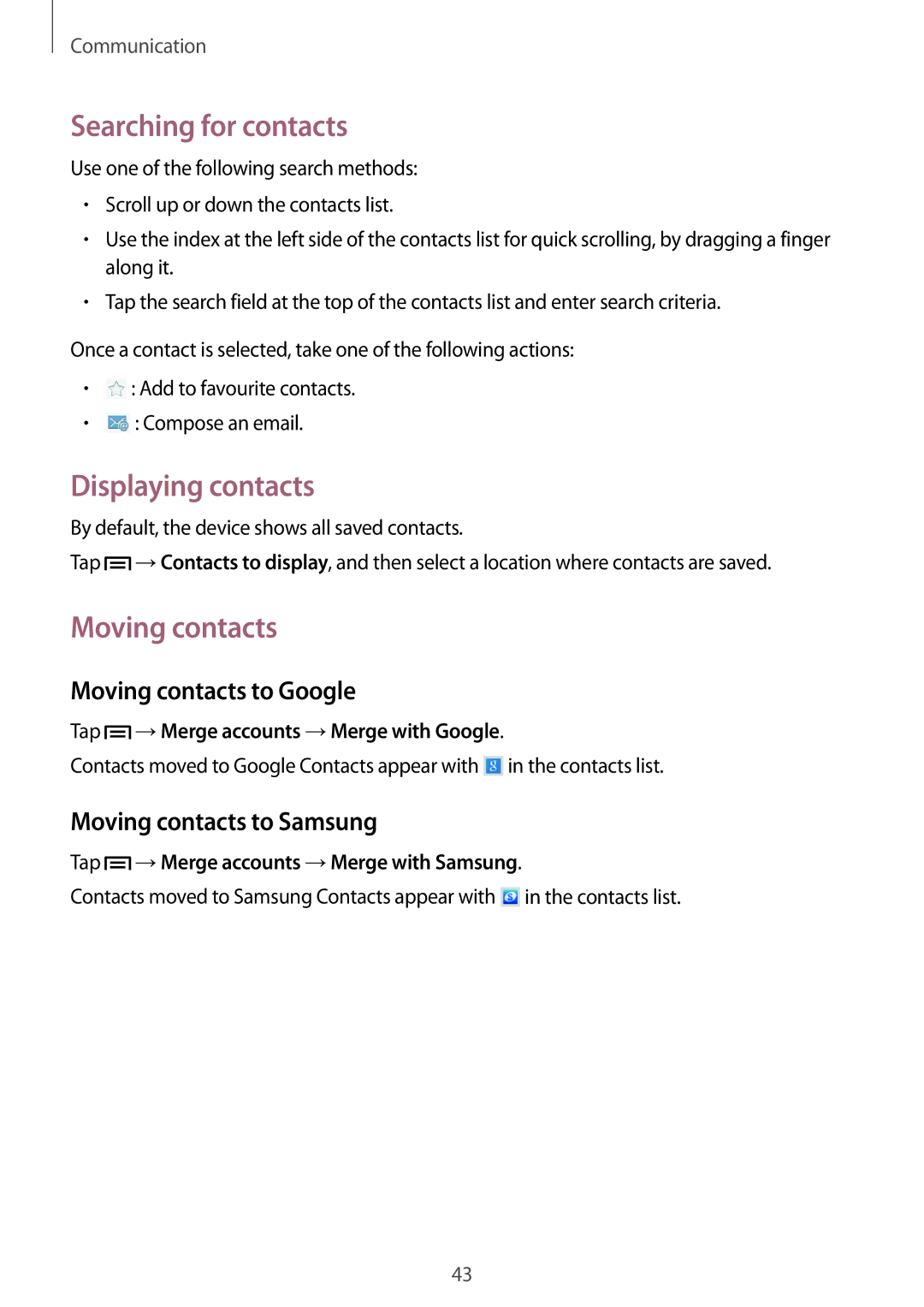 Samsung SM-T3100ZWENEE, SM-T3100ZWAXEO manual Searching for contacts, Displaying contacts, Moving contacts to Google 