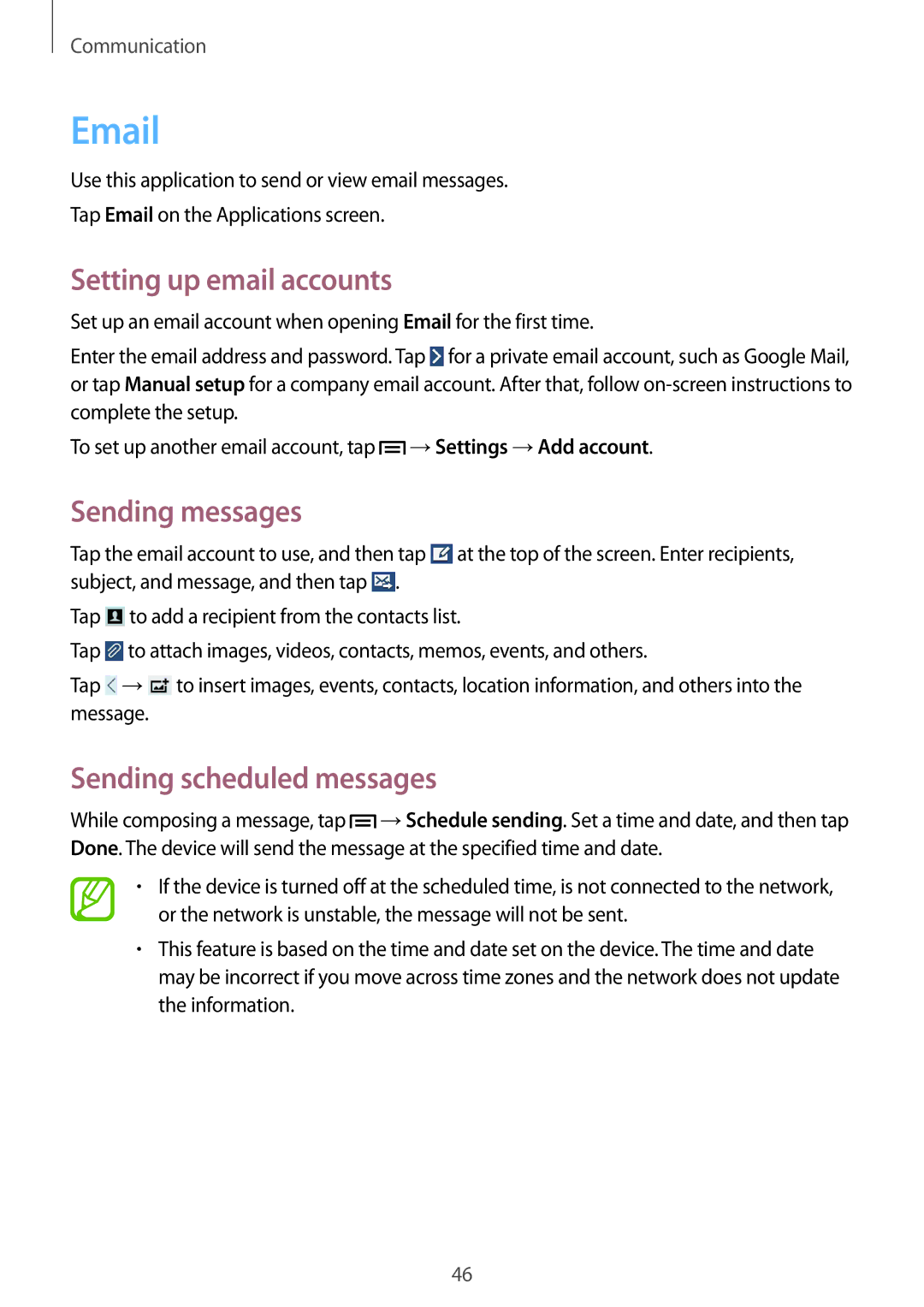 Samsung SM-T3100GRAEUR, SM-T3100ZWAXEO manual Setting up email accounts, Sending messages, Sending scheduled messages 