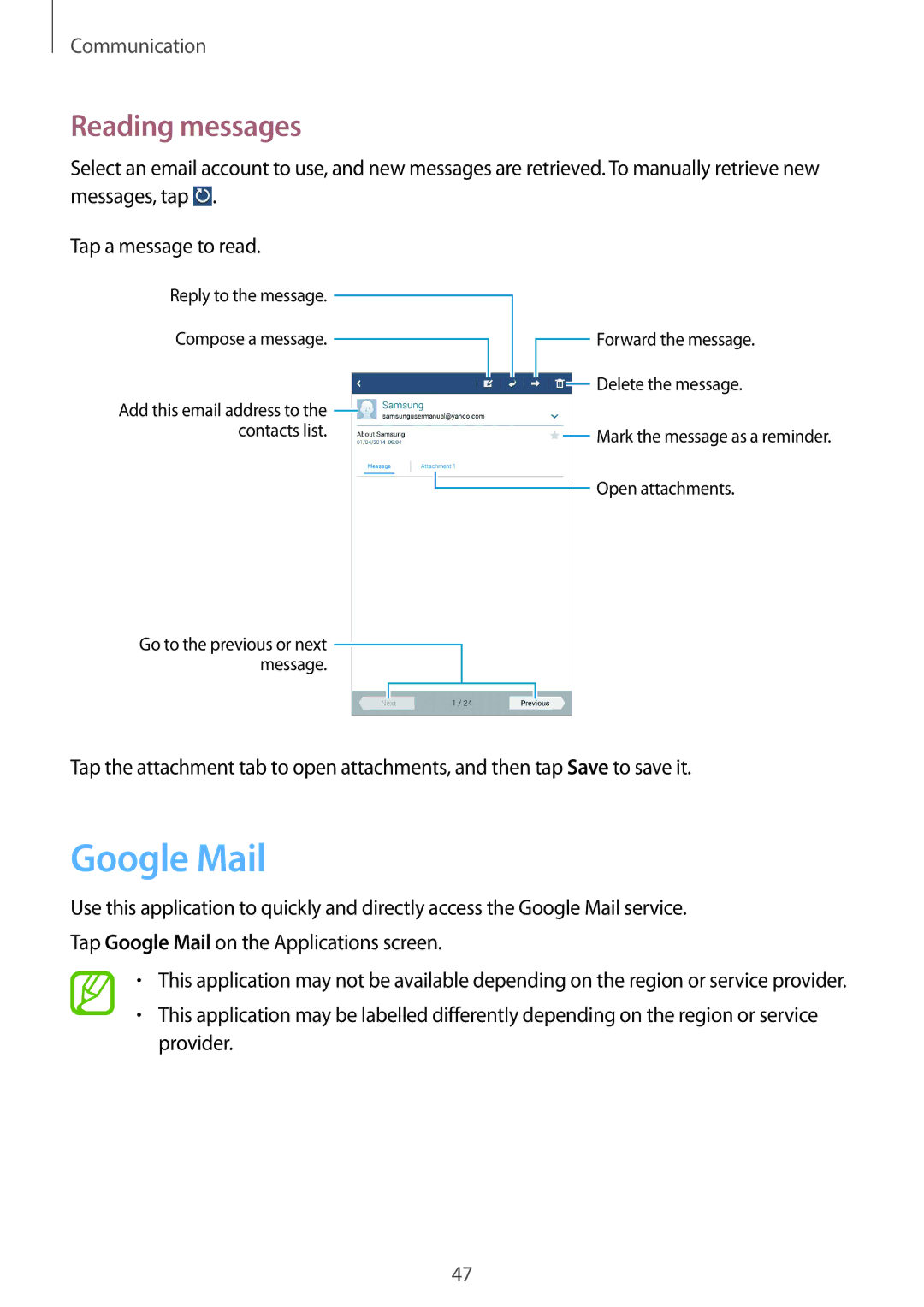 Samsung SM-T3100GNAEUR, SM-T3100ZWAXEO, SM-T3100MKEATO, SM-T3100ZWATUR, SM-T3100ZWAATO manual Google Mail, Reading messages 