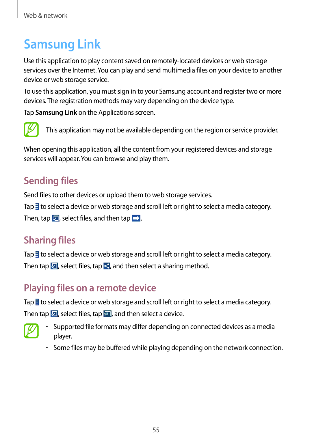 Samsung SM-T3100GRASER, SM-T3100ZWAXEO manual Samsung Link, Sending files, Sharing files, Playing files on a remote device 