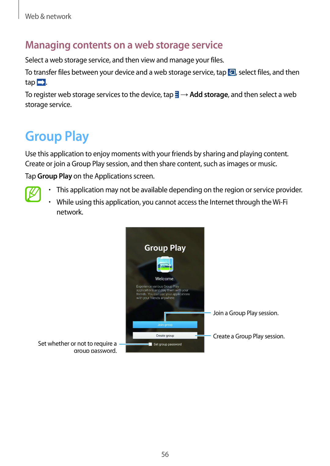 Samsung SM-T3100ZWAXEO, SM-T3100MKEATO, SM-T3100ZWATUR manual Group Play, Managing contents on a web storage service 