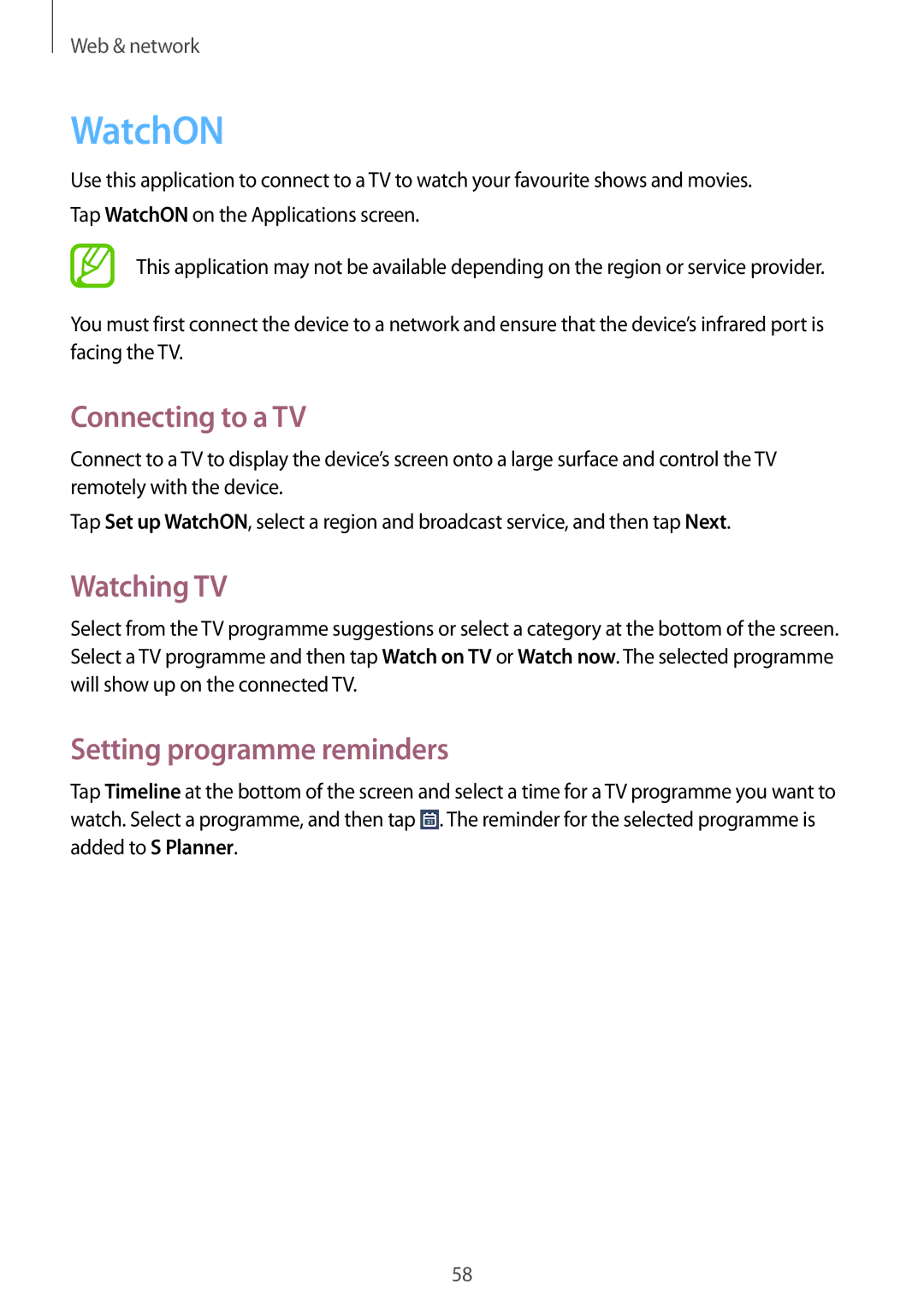 Samsung SM-T3100ZWATUR, SM-T3100ZWAXEO manual WatchON, Connecting to a TV, Watching TV, Setting programme reminders 