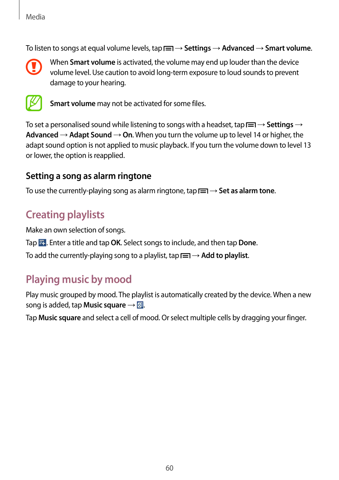 Samsung SM-T3100GNATUR, SM-T3100ZWAXEO manual Creating playlists, Playing music by mood, Setting a song as alarm ringtone 