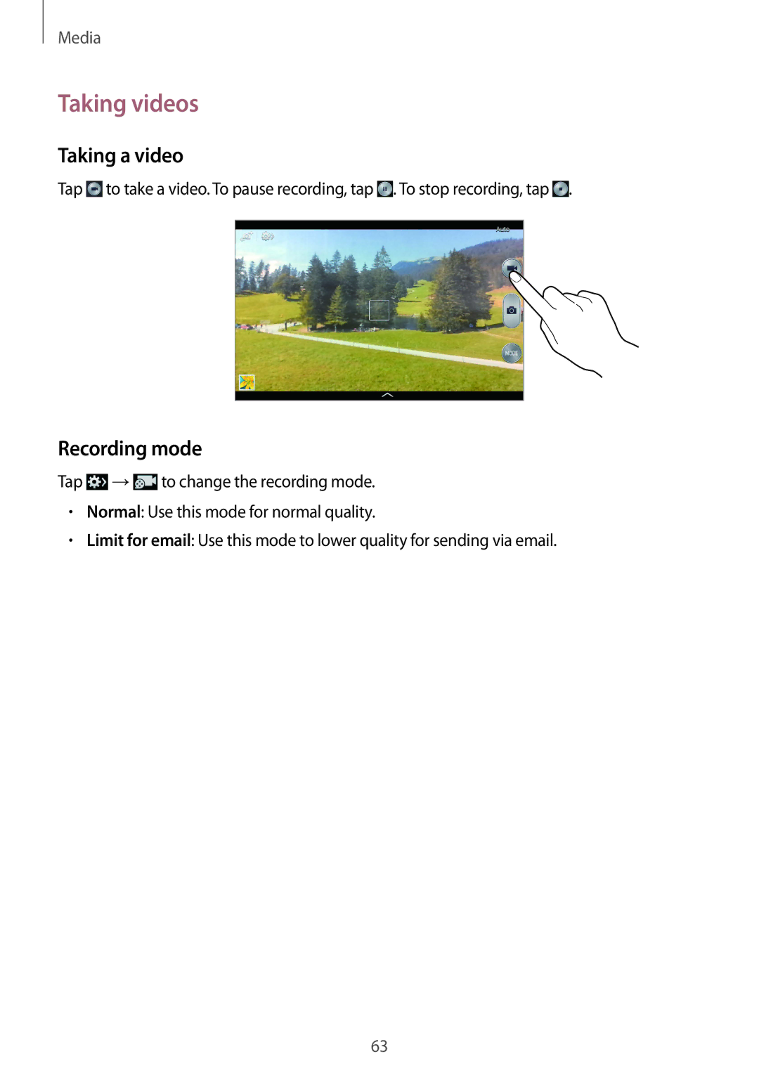 Samsung SM-T3100ZWATPH, SM-T3100ZWAXEO, SM-T3100MKEATO, SM-T3100ZWATUR manual Taking videos, Taking a video, Recording mode 