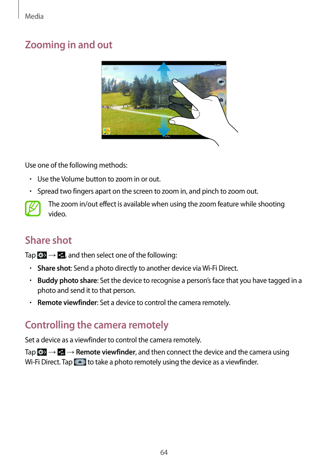 Samsung SM-T3100MKAEUR, SM-T3100ZWAXEO, SM-T3100MKEATO manual Zooming in and out, Share shot, Controlling the camera remotely 