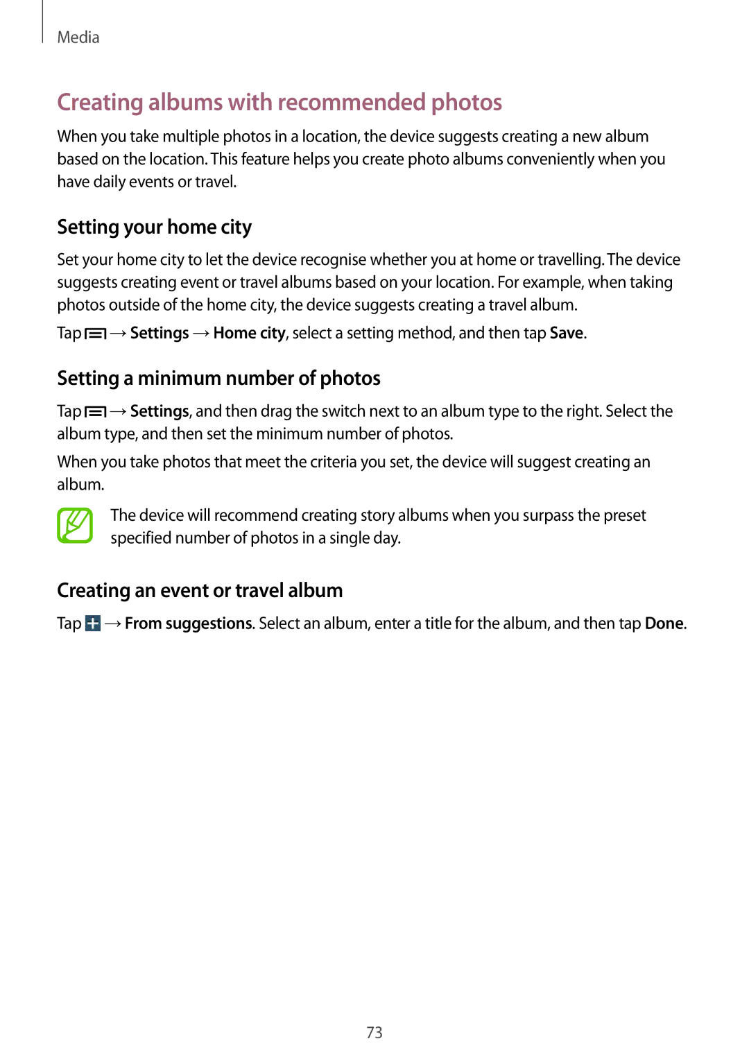 Samsung SM-T3100MKEFNC Creating albums with recommended photos, Setting your home city, Setting a minimum number of photos 