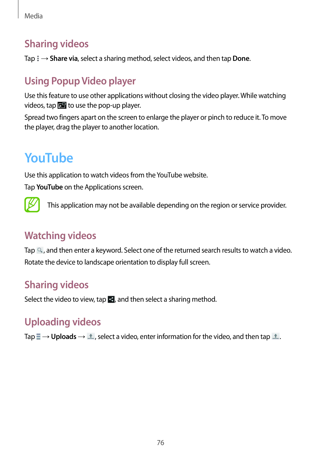 Samsung SM-T3100ZWAPHE manual YouTube, Sharing videos, Using Popup Video player, Watching videos, Uploading videos 