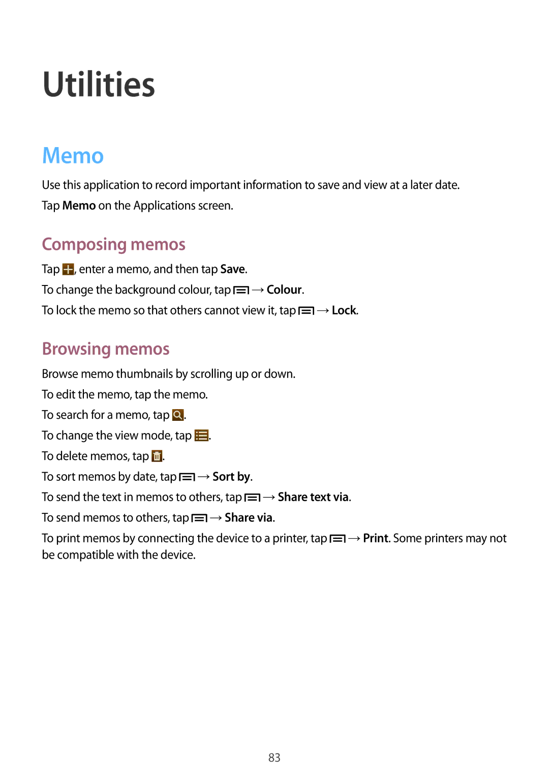 Samsung SM-T3100ZWAKSA, SM-T3100ZWAXEO, SM-T3100MKEATO, SM-T3100ZWATUR manual Utilities, Memo, Composing memos, Browsing memos 