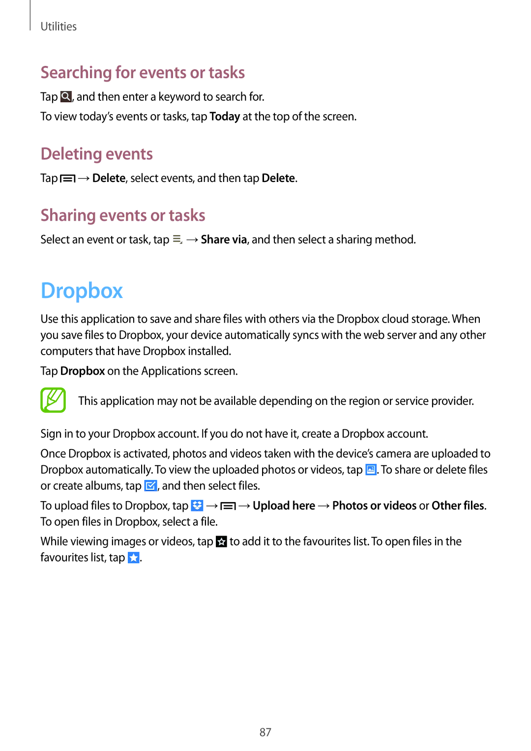 Samsung SM-T3100ZWABGL, SM-T3100ZWAXEO Dropbox, Searching for events or tasks, Deleting events, Sharing events or tasks 