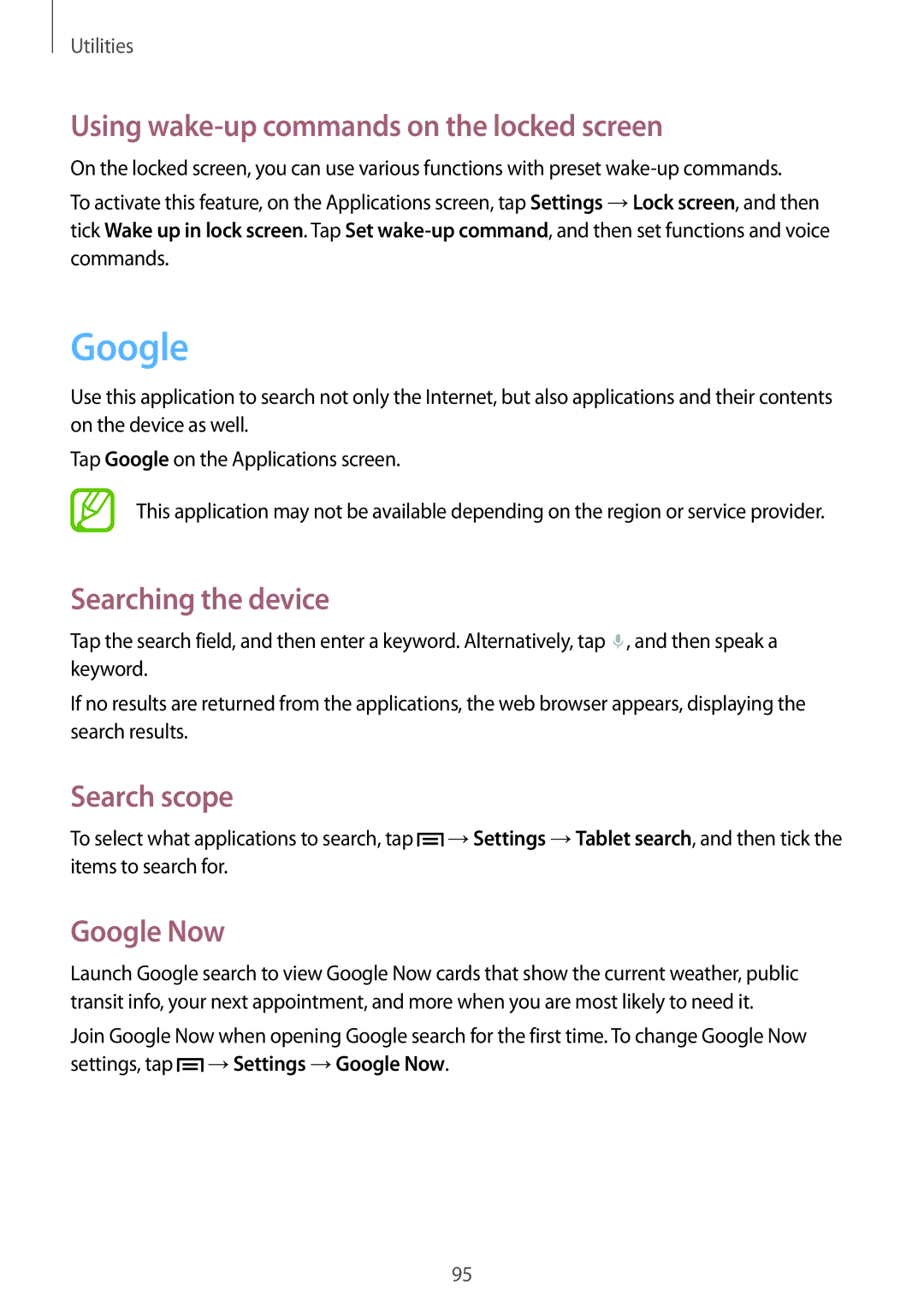 Samsung SM-T3100GNENEE Using wake-up commands on the locked screen, Searching the device, Search scope, Google Now 