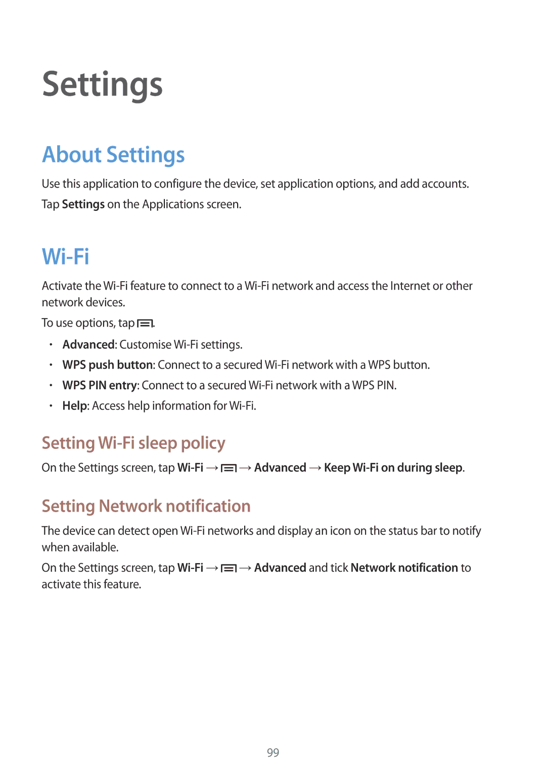 Samsung SM-T3100ZWENEE, SM-T3100ZWAXEO About Settings, Setting Wi-Fi sleep policy, Setting Network notification 