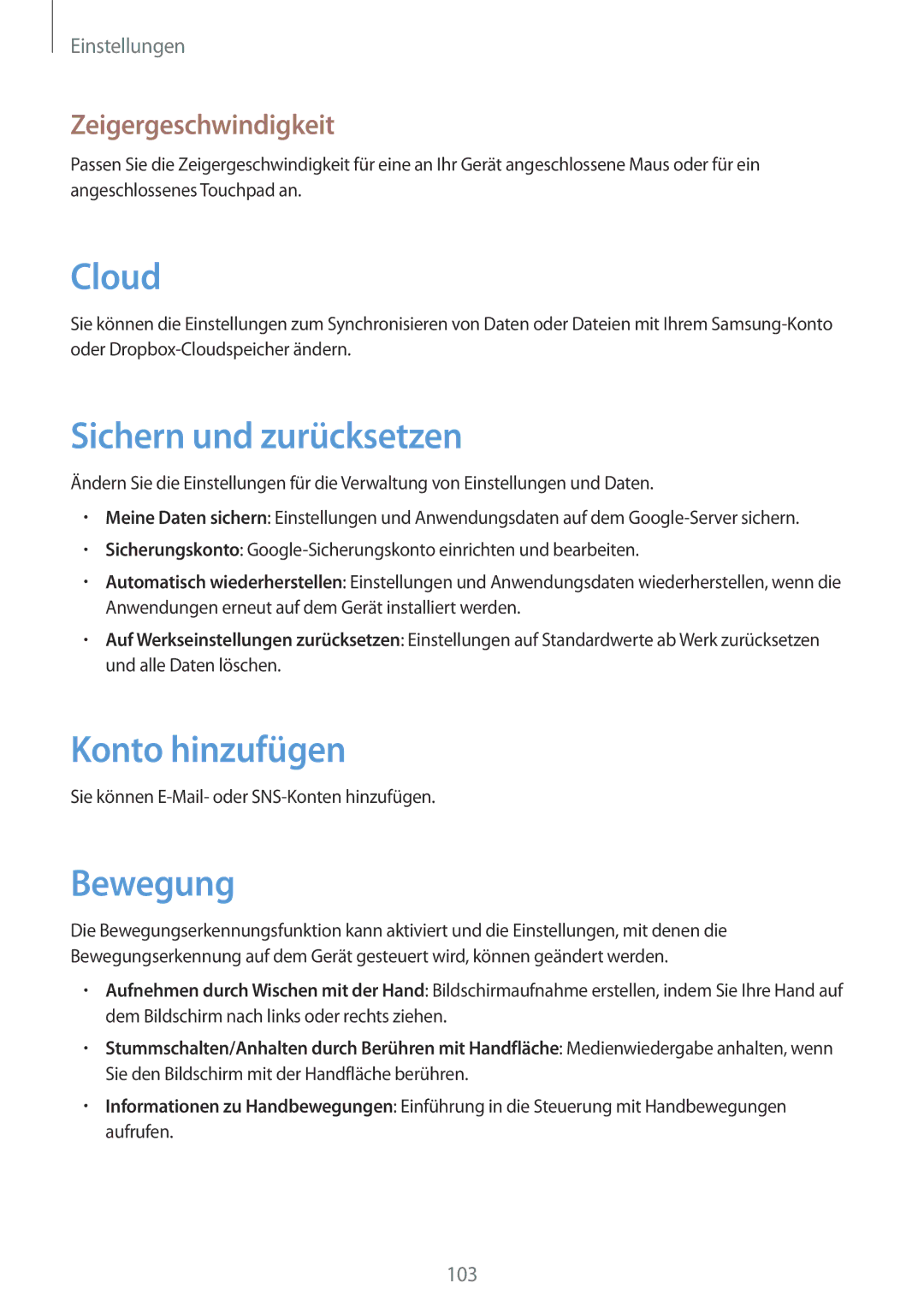 Samsung SM-T3100ZWAITV, SM-T3100ZWAXEO manual Sichern und zurücksetzen, Konto hinzufügen, Bewegung, Zeigergeschwindigkeit 