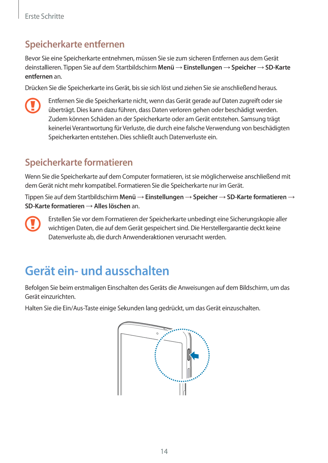 Samsung SM-T3100ZWAEUR, SM-T3100ZWAXEO manual Gerät ein- und ausschalten, Speicherkarte entfernen, Speicherkarte formatieren 