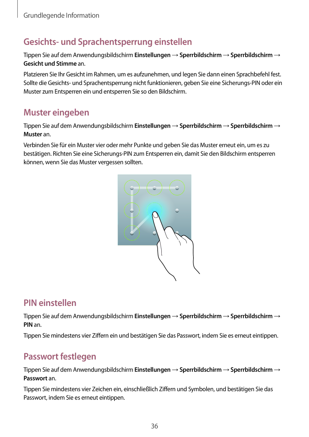 Samsung SM-T3100MKAATO Gesichts- und Sprachentsperrung einstellen, Muster eingeben, PIN einstellen, Passwort festlegen 