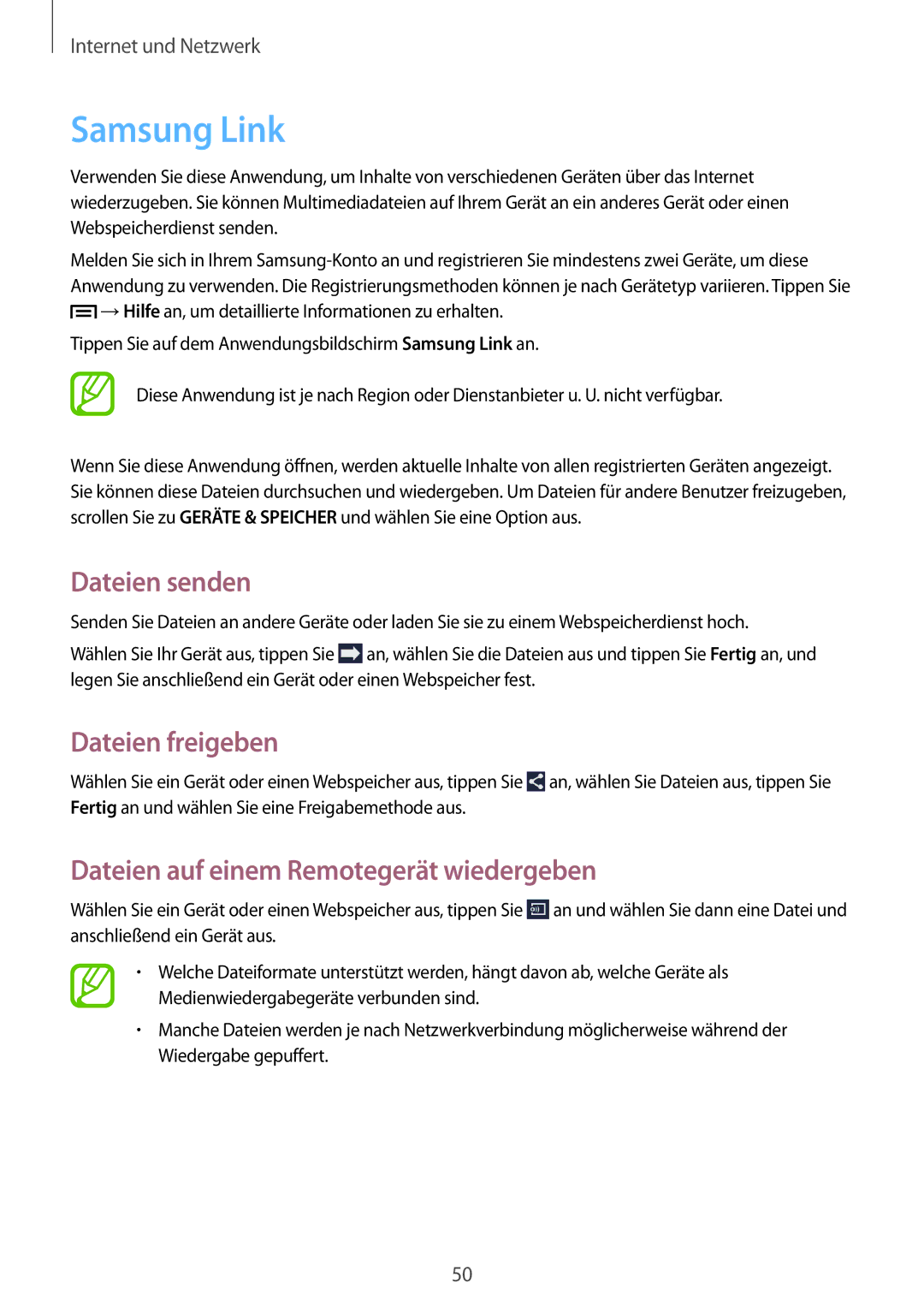 Samsung SM-T3100GNAATO manual Samsung Link, Dateien senden, Dateien freigeben, Dateien auf einem Remotegerät wiedergeben 