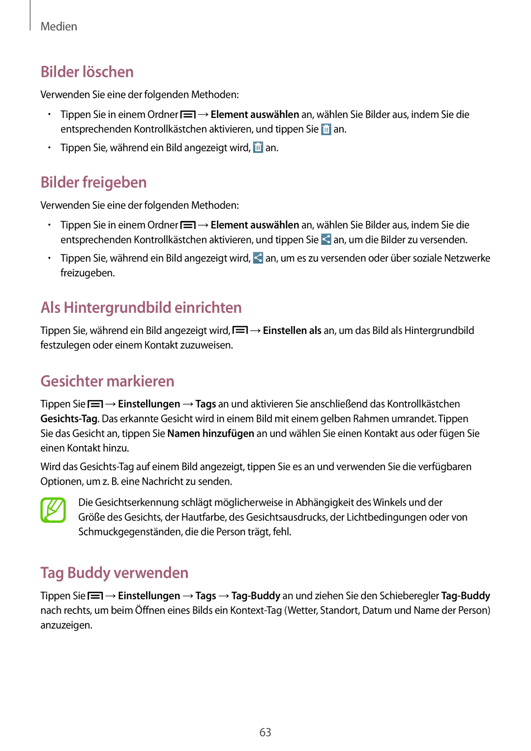 Samsung SM-T3100ZWAATO manual Bilder löschen, Bilder freigeben, Als Hintergrundbild einrichten, Gesichter markieren 