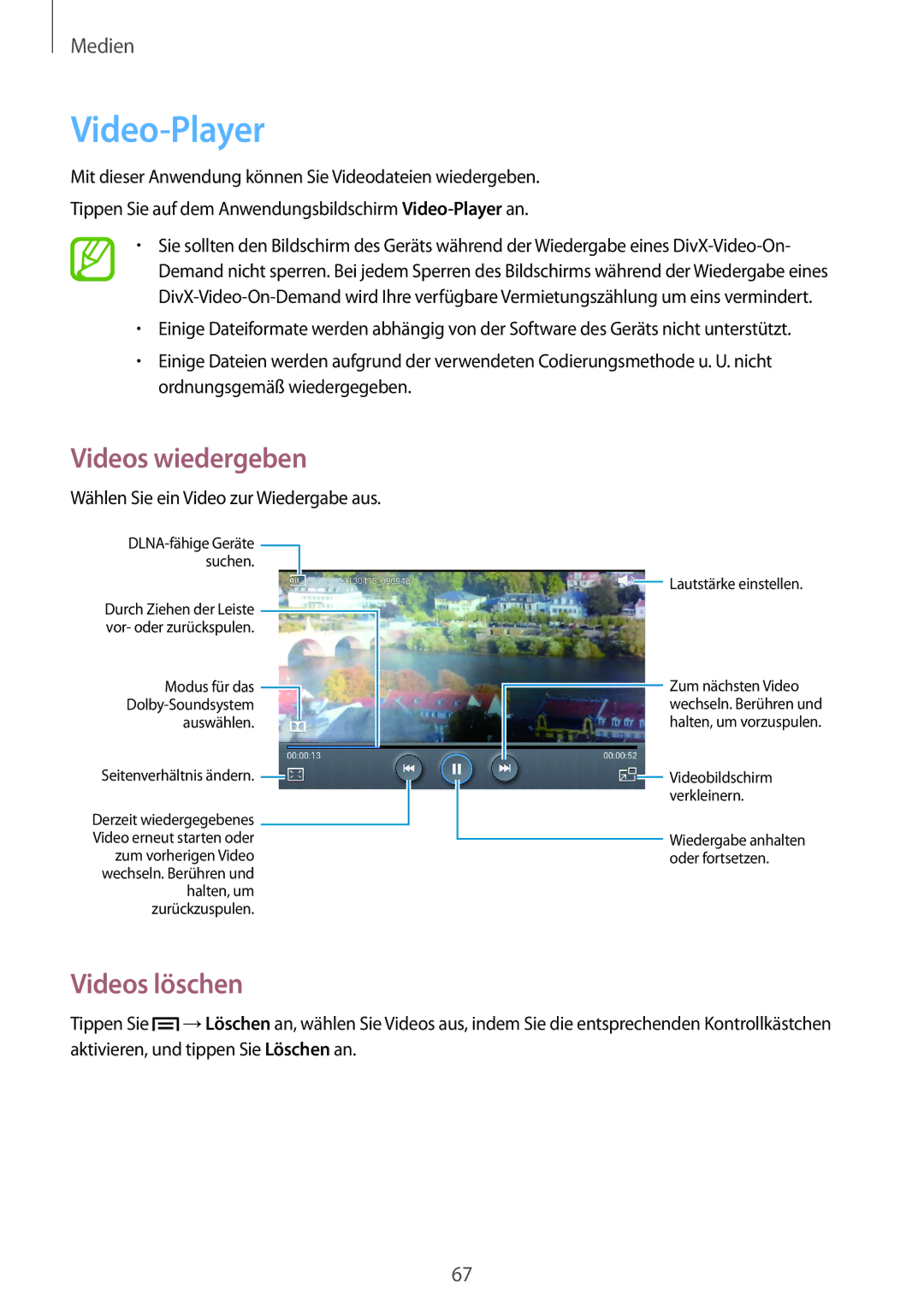 Samsung SM-T3100ZWATPH, SM-T3100ZWAXEO, SM-T3100MKEATO, SM-T3100ZWATUR, SM-T3100ZWAATO manual Video-Player, Videos löschen 