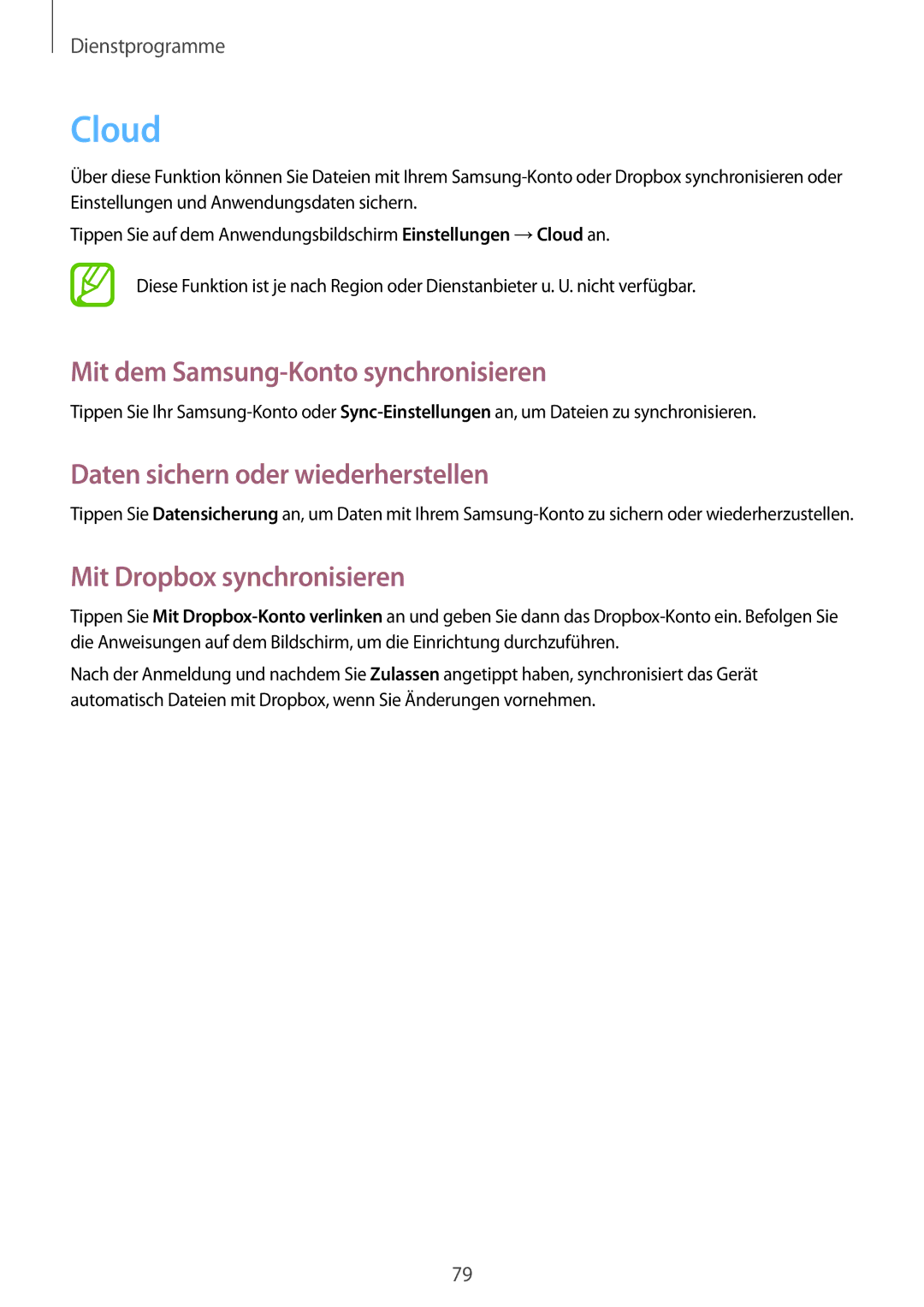 Samsung SM-T3100GNATUR, SM-T3100ZWAXEO Cloud, Mit dem Samsung-Konto synchronisieren, Daten sichern oder wiederherstellen 