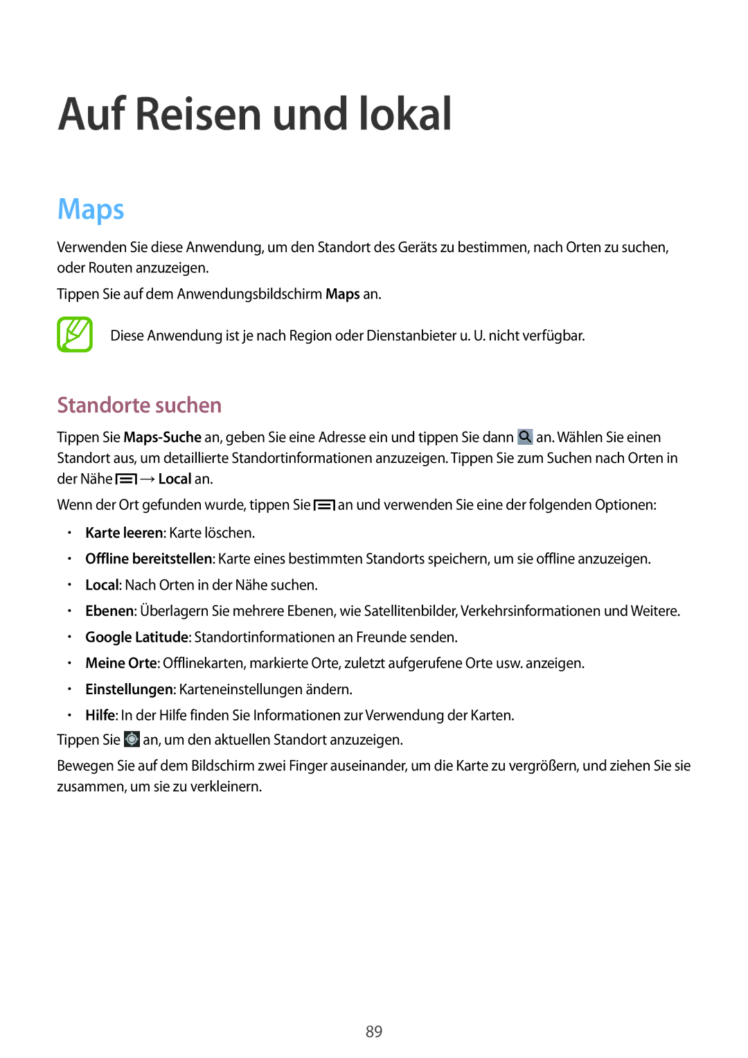 Samsung SM-T3100ZWAEUR, SM-T3100ZWAXEO, SM-T3100MKEATO, SM-T3100ZWATUR manual Auf Reisen und lokal, Maps, Standorte suchen 