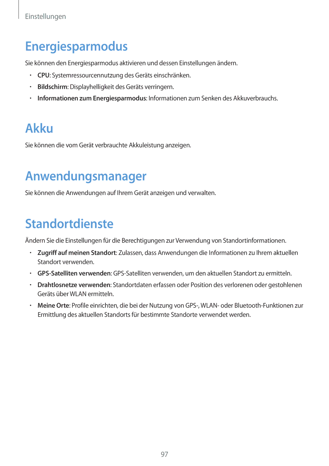 Samsung SM-T3100ZWATPH, SM-T3100ZWAXEO, SM-T3100MKEATO manual Energiesparmodus, Akku, Anwendungsmanager, Standortdienste 