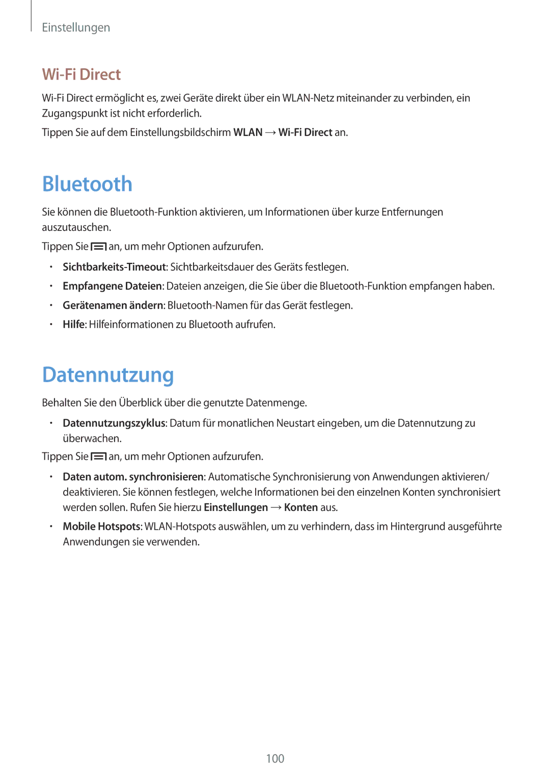 Samsung SM-T3100GNEATO, SM-T3100ZWAXEO, SM-T3100MKEATO, SM-T3100ZWATUR, SM-T3100ZWAATO manual Datennutzung, Wi-Fi Direct 