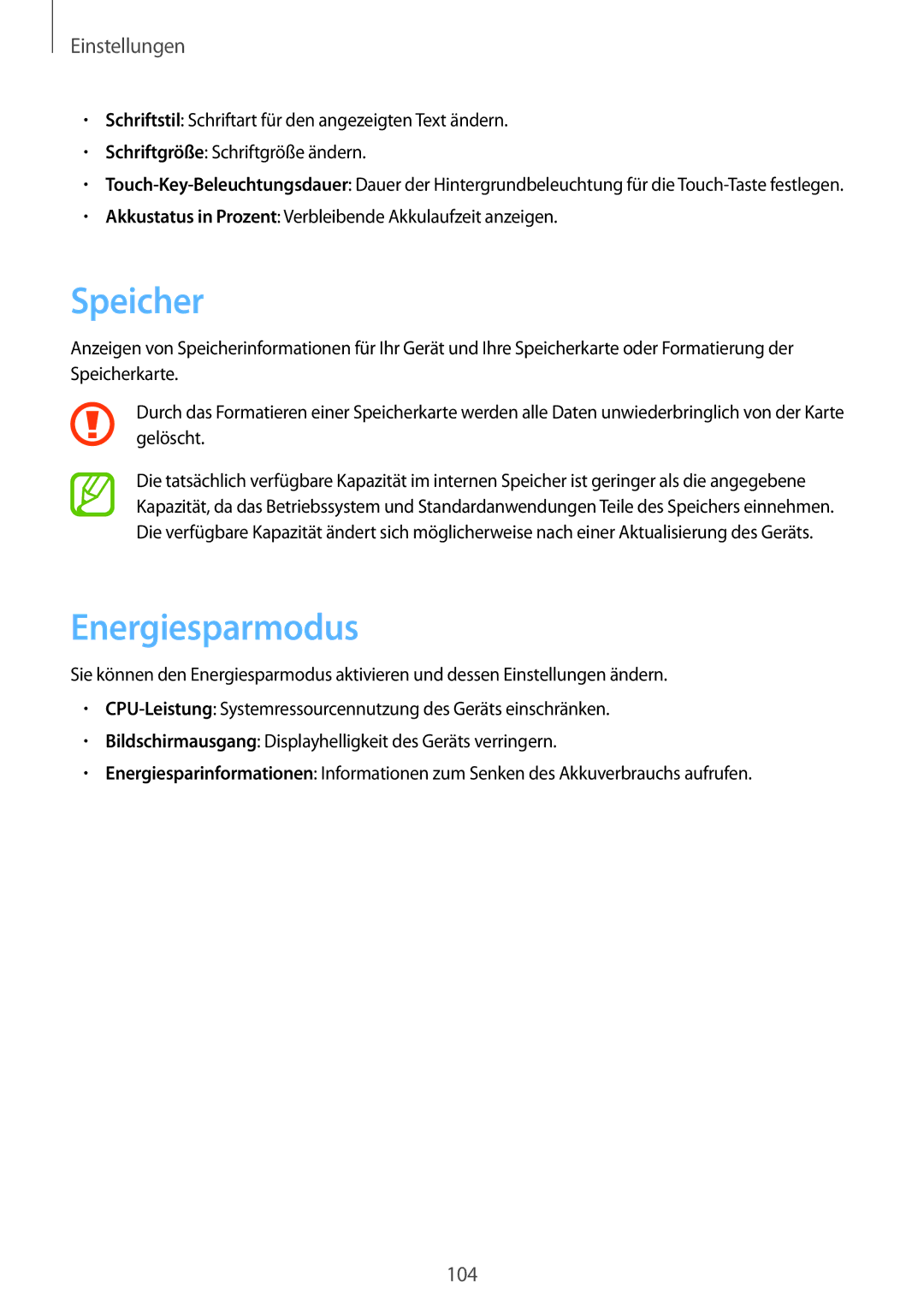 Samsung SM-T3100ZWAEUR, SM-T3100ZWAXEO, SM-T3100MKEATO, SM-T3100ZWATUR, SM-T3100ZWAATO manual Speicher, Energiesparmodus 