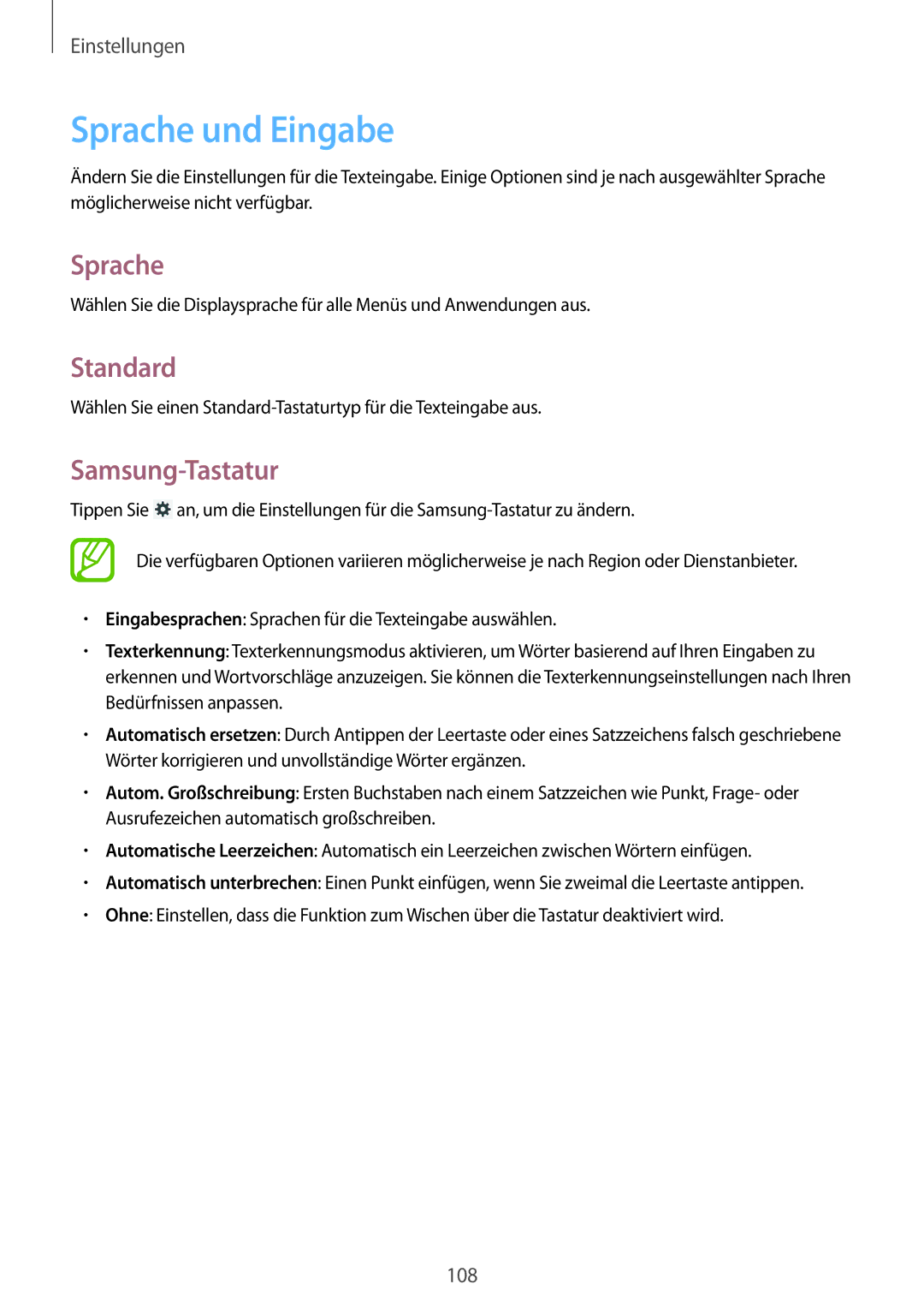 Samsung SM-T3100ZWAATO, SM-T3100ZWAXEO, SM-T3100MKEATO, SM-T3100ZWATUR manual Sprache und Eingabe, Standard, Samsung-Tastatur 
