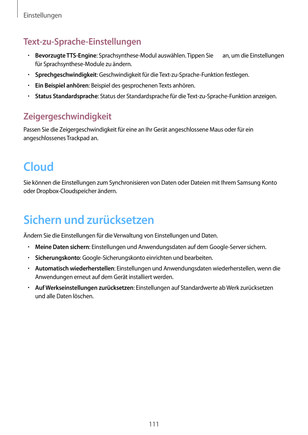 Samsung SM-T3100MKAATO, SM-T3100ZWAXEO manual Sichern und zurücksetzen, Text-zu-Sprache-Einstellungen, Zeigergeschwindigkeit 