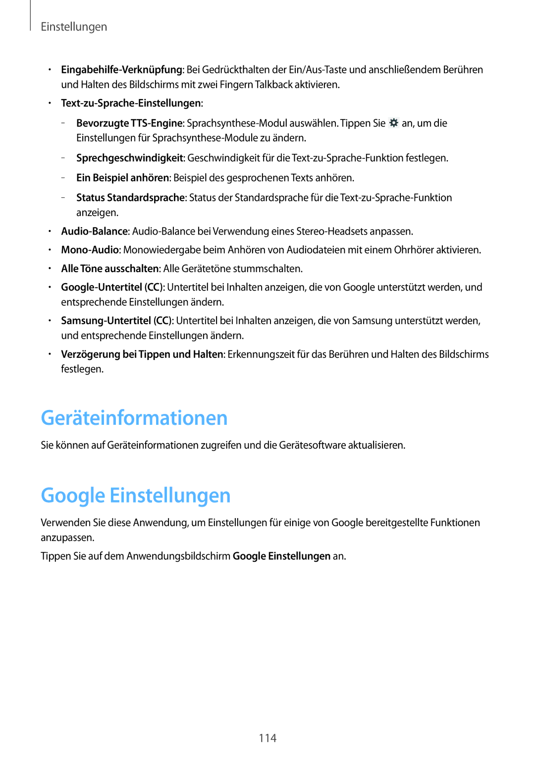 Samsung SM-T3100ZWADBT, SM-T3100ZWAXEO, SM-T3100MKEATO, SM-T3100ZWATUR manual Geräteinformationen, Google Einstellungen 