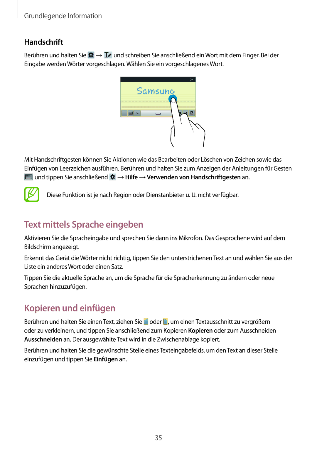 Samsung SM-T3100GNAATO, SM-T3100ZWAXEO, SM-T3100MKEATO Text mittels Sprache eingeben, Kopieren und einfügen, Handschrift 