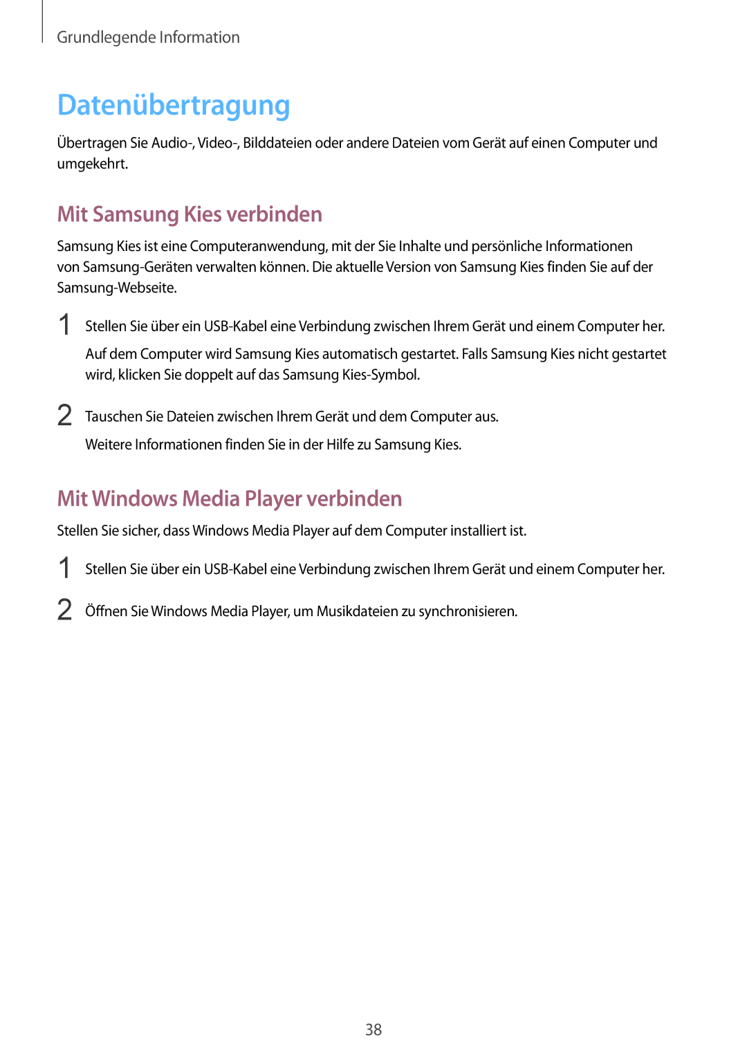 Samsung SM-T3100MKAEUR, SM-T3100ZWAXEO Datenübertragung, Mit Samsung Kies verbinden, Mit Windows Media Player verbinden 