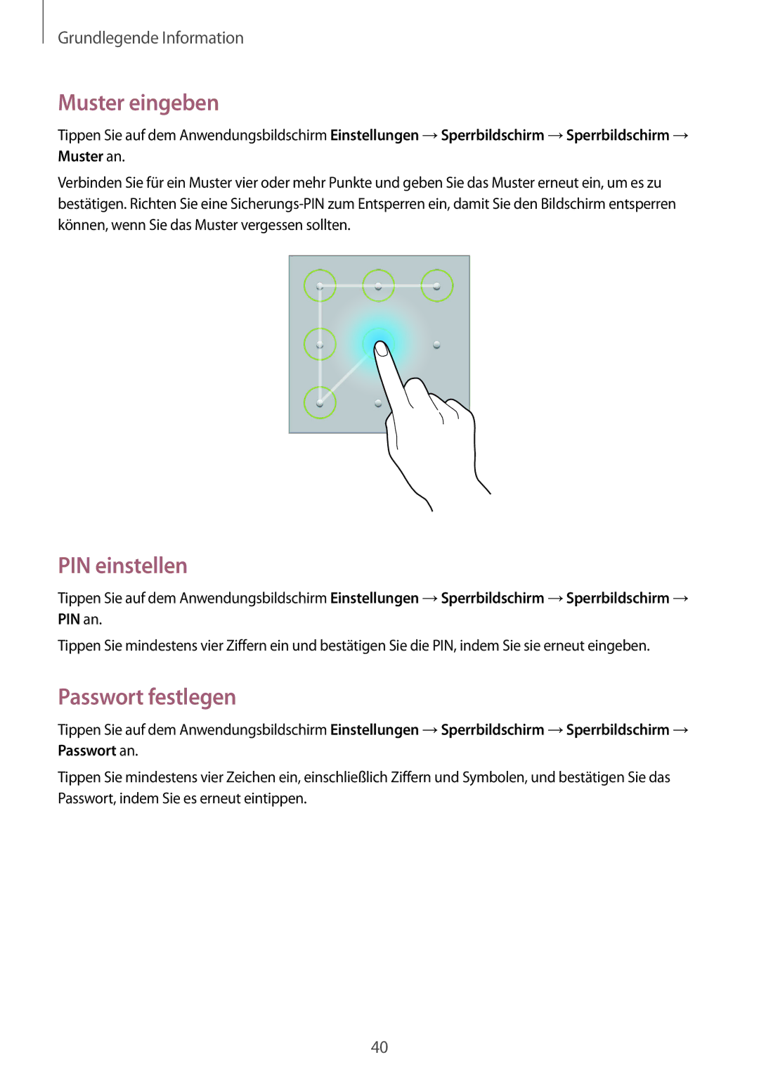 Samsung SM-T3100GNEATO, SM-T3100ZWAXEO, SM-T3100MKEATO, SM-T3100ZWATUR Muster eingeben, PIN einstellen, Passwort festlegen 