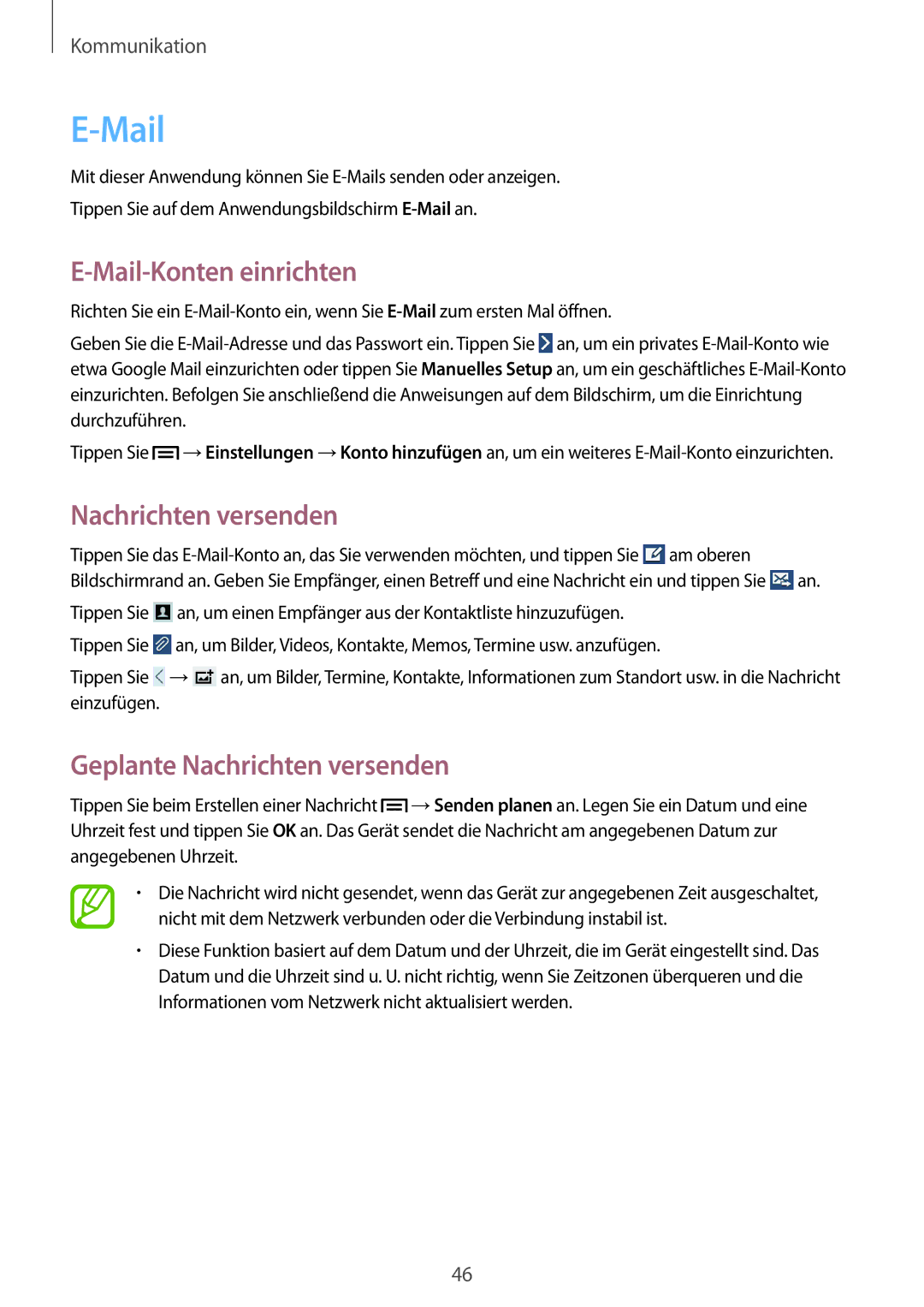 Samsung SM-T3100MKEATO, SM-T3100ZWAXEO, SM-T3100ZWATUR manual Mail-Konten einrichten, Geplante Nachrichten versenden 