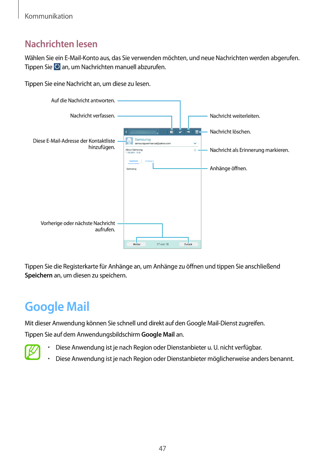 Samsung SM-T3100ZWATUR, SM-T3100ZWAXEO, SM-T3100MKEATO, SM-T3100ZWAATO, SM-T3100GNATUR manual Google Mail, Nachrichten lesen 