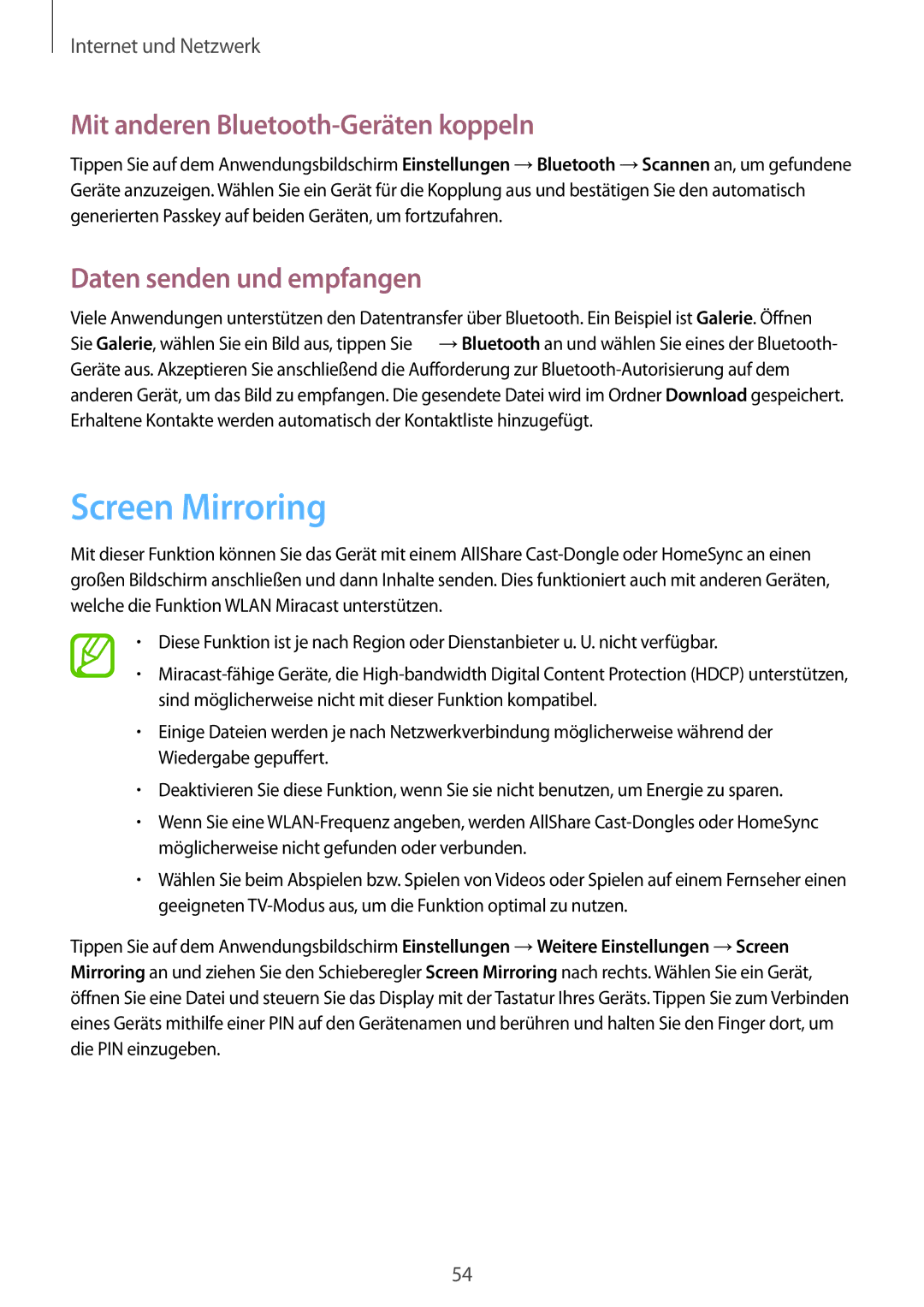 Samsung SM-T3100ZWADBT, SM-T3100ZWAXEO Screen Mirroring, Mit anderen Bluetooth-Geräten koppeln, Daten senden und empfangen 