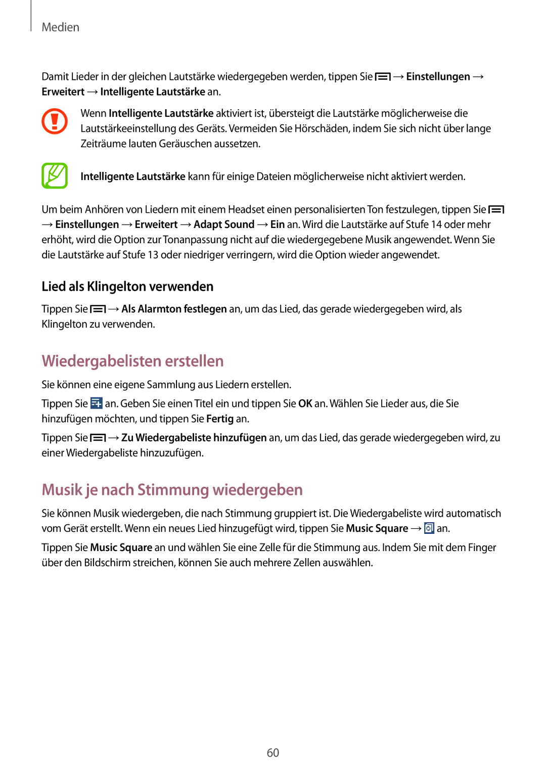 Samsung SM-T3100ZWAXEO manual Wiedergabelisten erstellen, Musik je nach Stimmung wiedergeben, Lied als Klingelton verwenden 