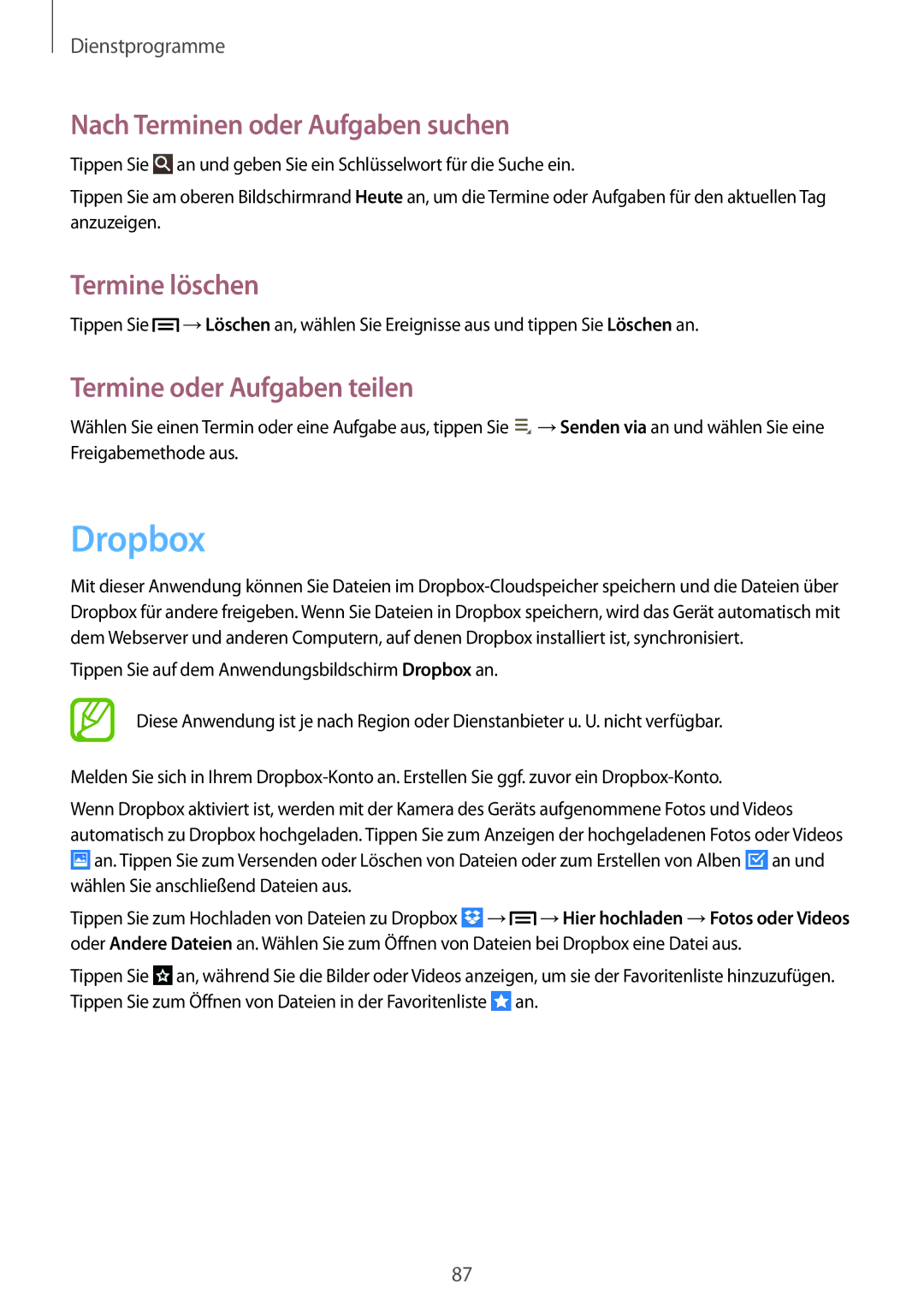 Samsung SM-T3100MKADBT manual Dropbox, Nach Terminen oder Aufgaben suchen, Termine löschen, Termine oder Aufgaben teilen 