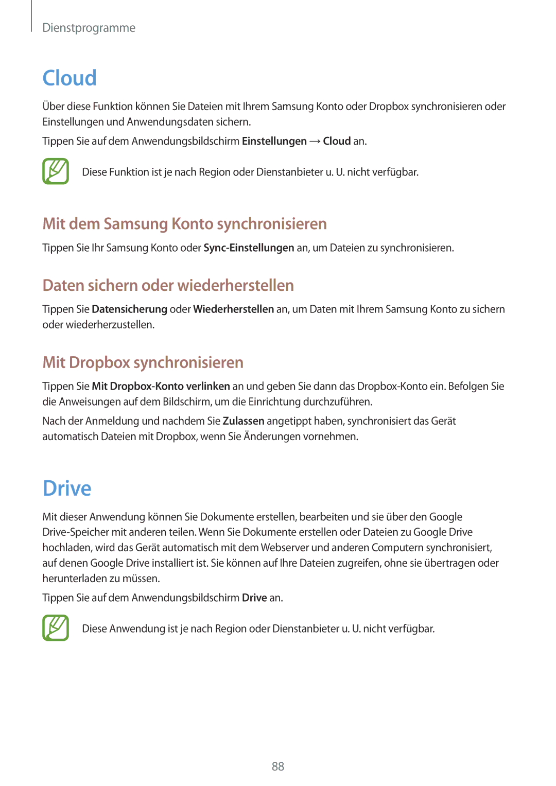 Samsung SM-T3100ZWAITV manual Cloud, Drive, Mit dem Samsung Konto synchronisieren, Daten sichern oder wiederherstellen 