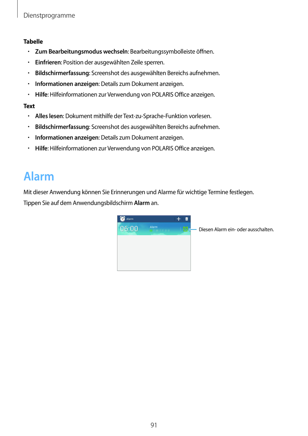 Samsung SM-T3100MKEATO, SM-T3100ZWAXEO, SM-T3100ZWATUR, SM-T3100ZWAATO, SM-T3100GNATUR, SM-T3100GNAATO manual Alarm, Tabelle 