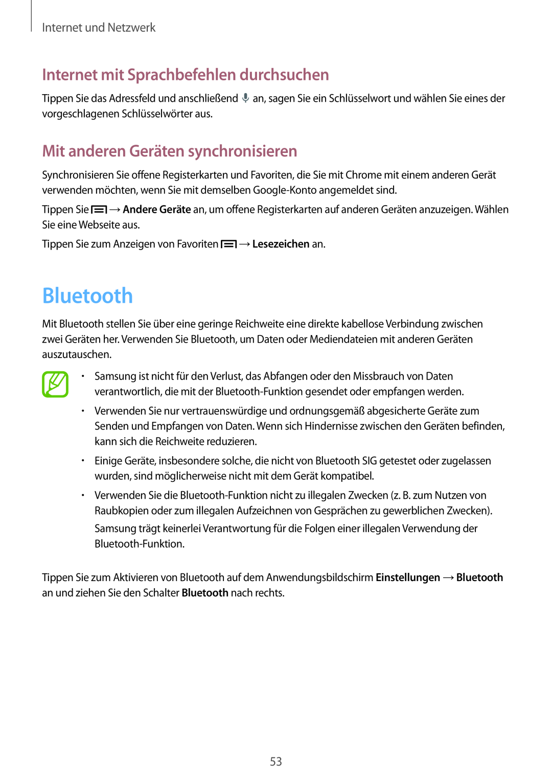 Samsung SM-T3100MKAEUR manual Bluetooth, Mit anderen Geräten synchronisieren, Internet mit Sprachbefehlen durchsuchen 